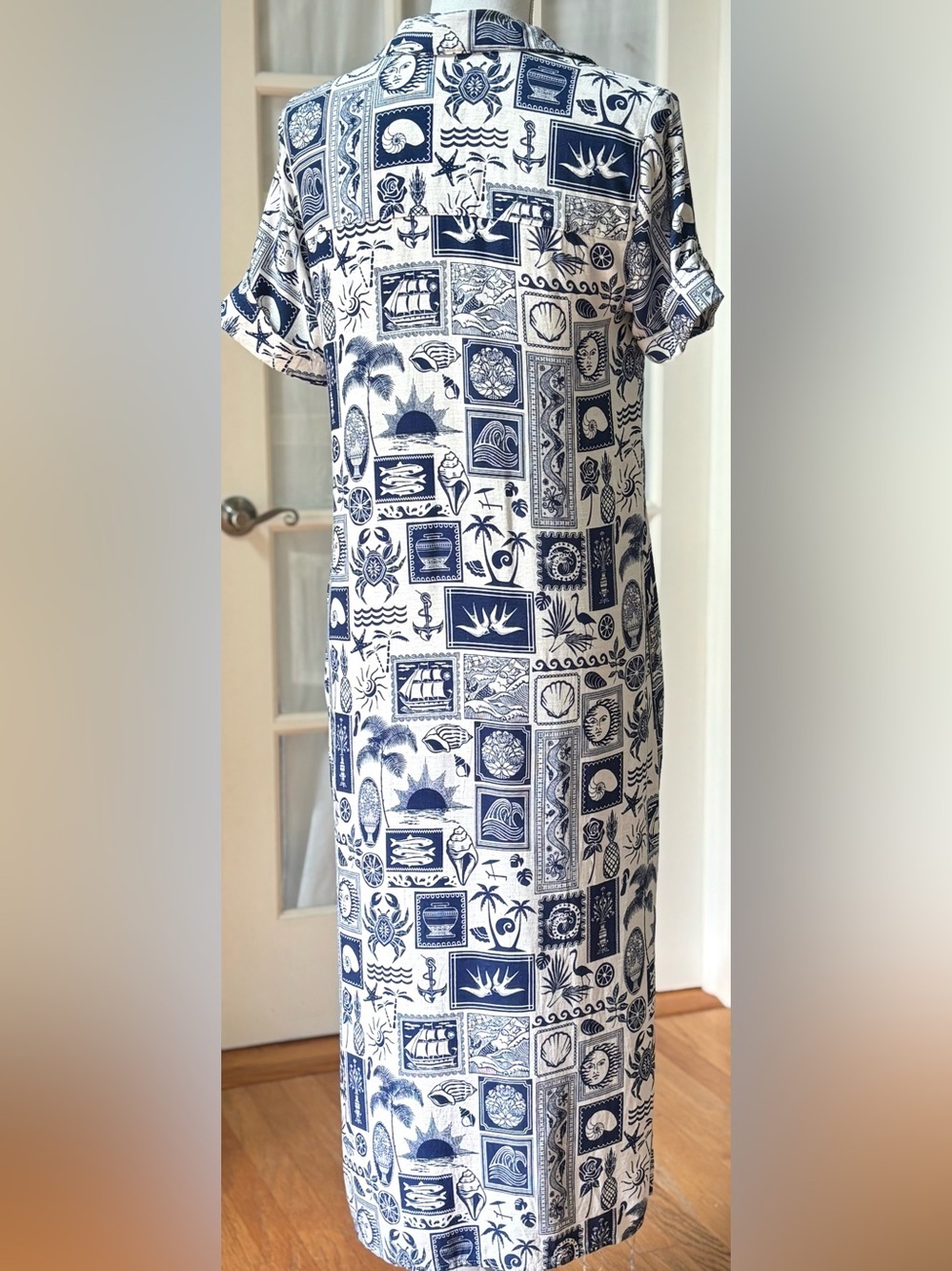 Jane + Delancey Coastal Postcard Shirt Dress Blue White Linen Blend Small - Picture 3 of 8